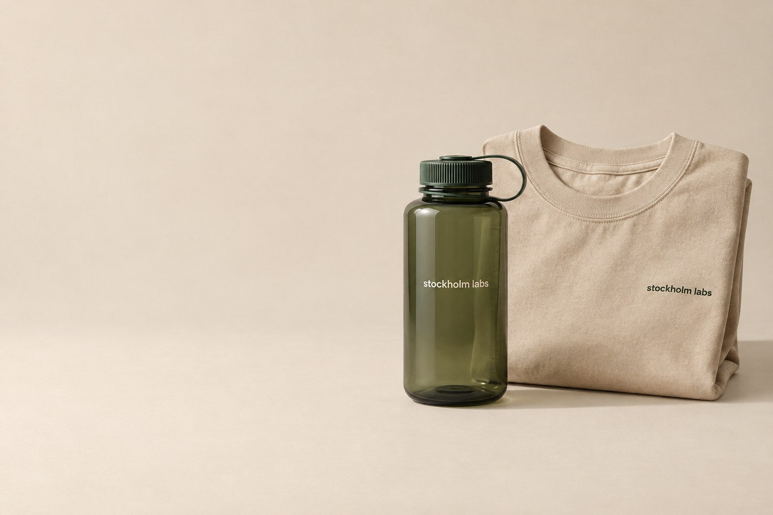 Stockholm Labs concept: an olive bottle and natural cotton T-shirt
