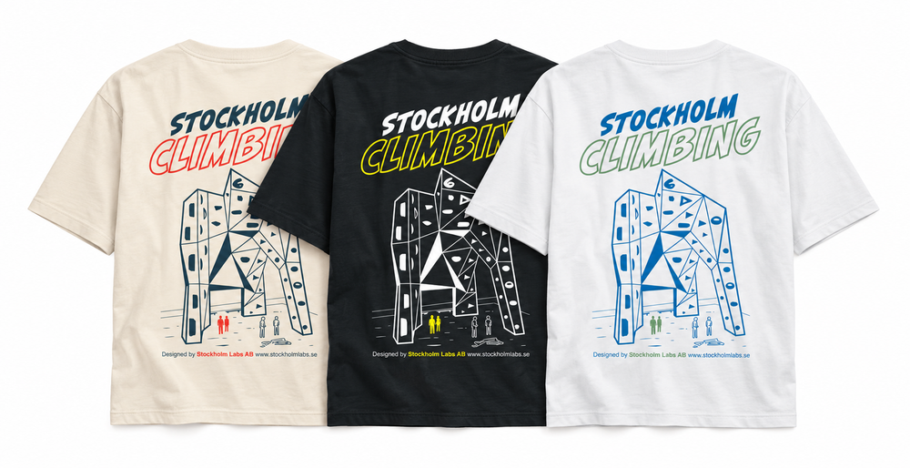Stockholm Climbing T-shirts in natural, black and white